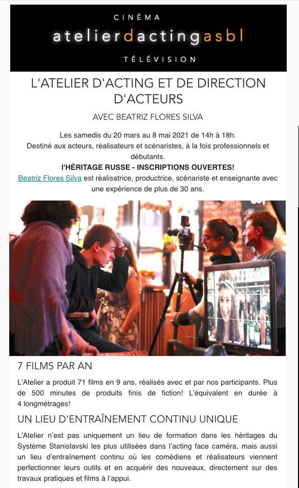 Page Internet. L|héritage russe. Atelier d|acting et de direction d|acteurs pour le cinéma et la télévision avec Beatriz Flores Silva. 2021-03-20